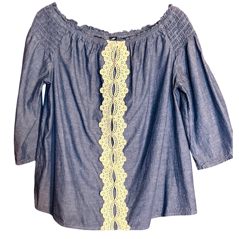 Unique Spectrum Off Shoulder Top Womens Large Blue Good Crochet Lace Chambray
